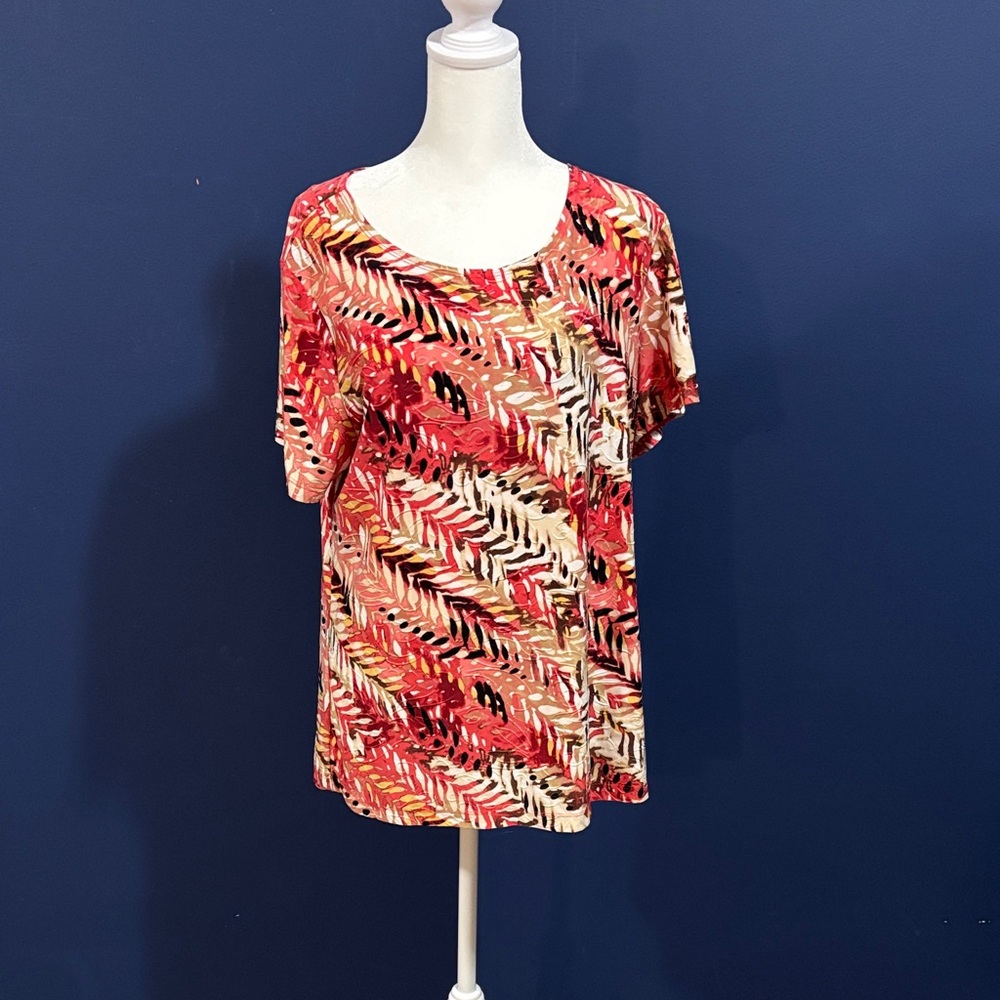 JM Collection Red and Cream Leaf Print Top